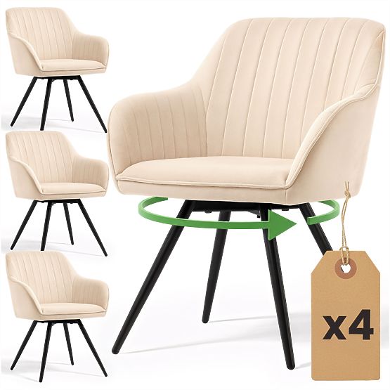 4x Baršunasta rotirajuća stolica s prošivanjem Bež TURNO Crne noge