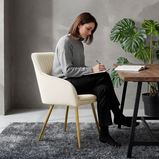 4x Baršunasta tapecirana stolica s prošivom Krem FLORENCE Zlatne noge