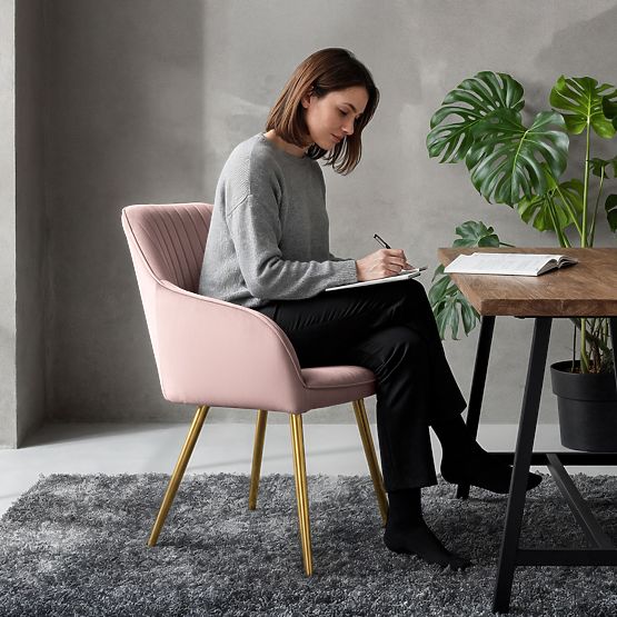 4x Baršunasta tapecirana stolica s prošivom Puder Ružičasta FLORENCE Zlatne noge