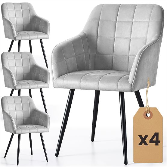 4x Tapecirana stolica s kvadratnim prošivom Siva LUXANO Crne noge