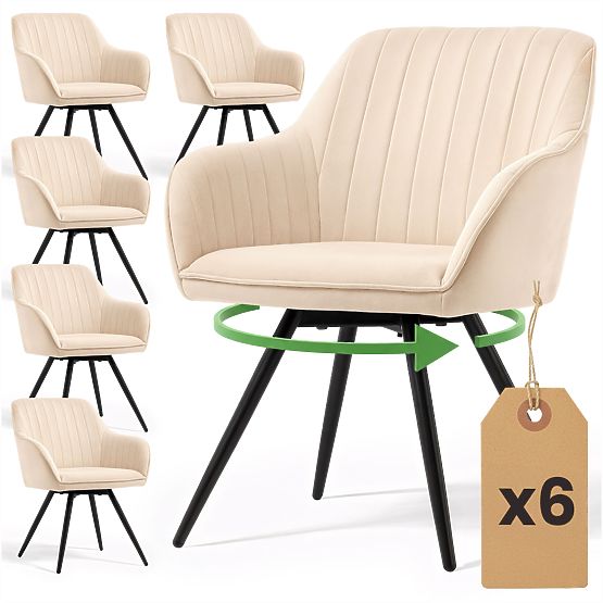 6x Baršunasta okretna stolica s prošivanjem Bež TURNO Crne noge