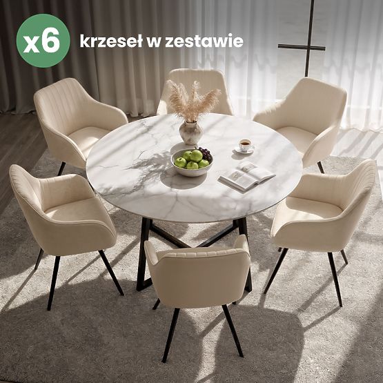 6x Baršunasta okretna stolica s prošivanjem Bež TURNO Crne noge