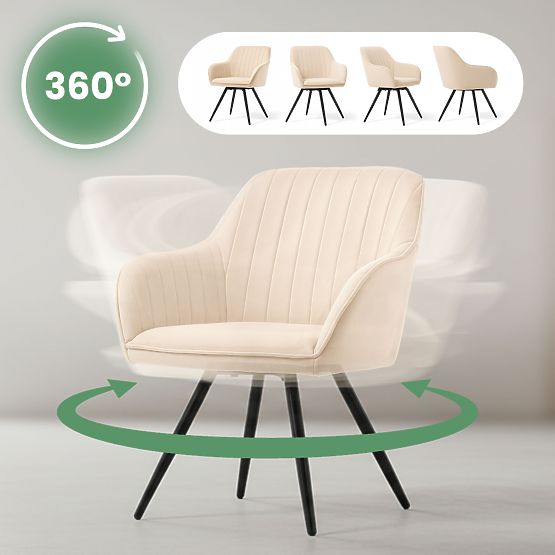 6x Baršunasta okretna stolica s prošivanjem Bež TURNO Crne noge