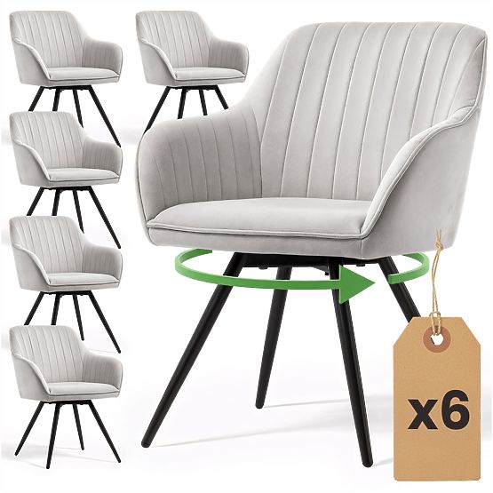 6x Baršunasta okretna stolica s prošivom Siva TURNO Crne noge