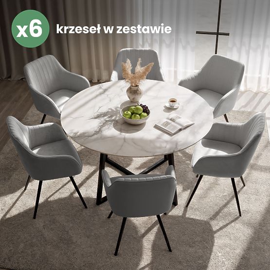 6x Baršunasta okretna stolica s prošivom Siva TURNO Crne noge