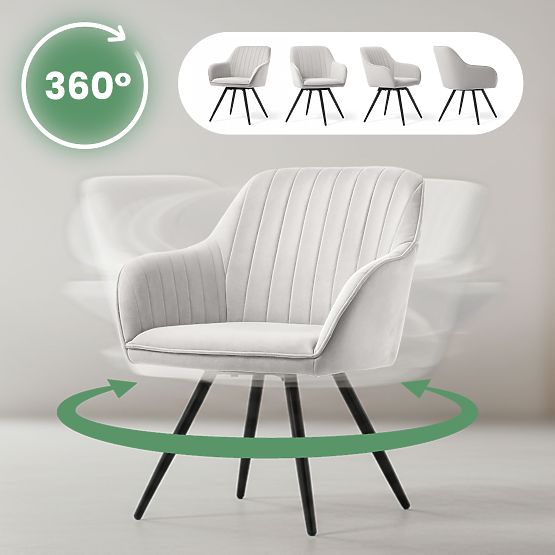 6x Baršunasta okretna stolica s prošivom Siva TURNO Crne noge