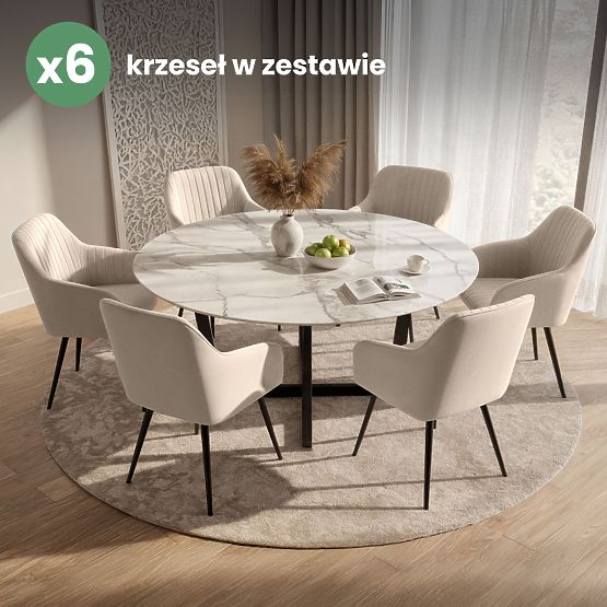 6x Baršunasta tapecirana stolica s prošivanjem Bež FLORENCE Crne noge