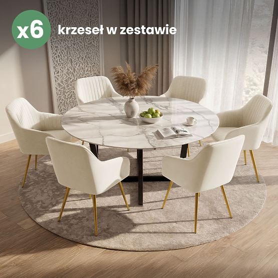 6x Baršunasta tapecirana stolica s prošivima Krem FLORENCE Zlatne noge