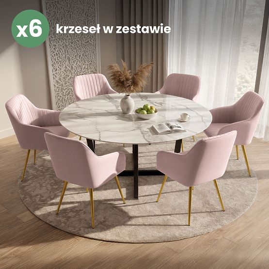 6x Baršunasta tapecirana stolica s prošivom Puder Roza FLORENCE Zlatne noge