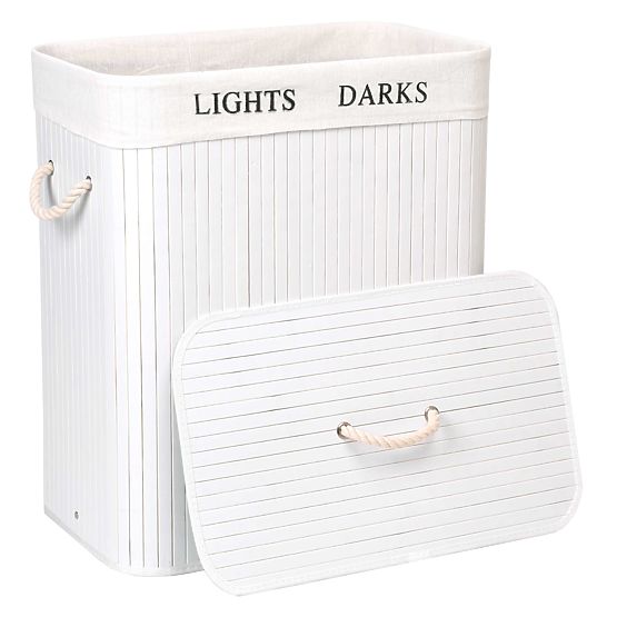 Bambusova košara s poklopcem 100L 2 pretinca bijela