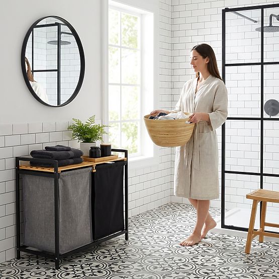 bambusova košara za rublje ili igračke HANOI BLACK 2 pretinca DUO BOJA