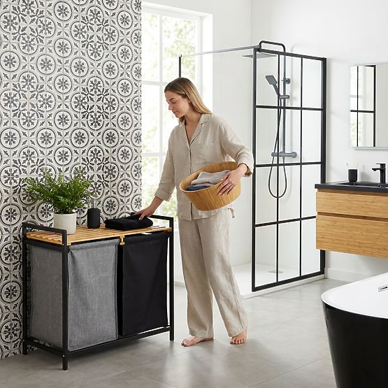 bambusova košara za rublje ili igračke HANOI BLACK 2 pretinca DUO BOJA