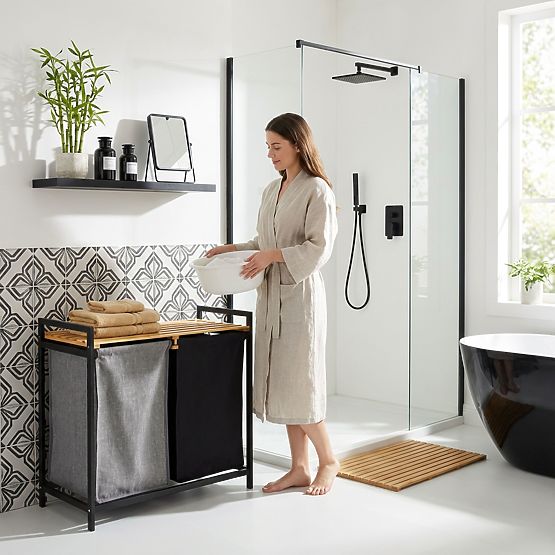 bambusova košara za rublje ili igračke HANOI BLACK 2 pretinca DUO BOJA