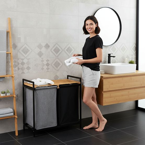 bambusova košara za rublje ili igračke HANOI BLACK 2 pretinca DUO BOJA