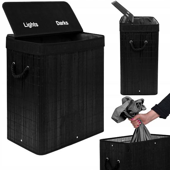 Bambusova košara za rublje s poklopcem 100L crna