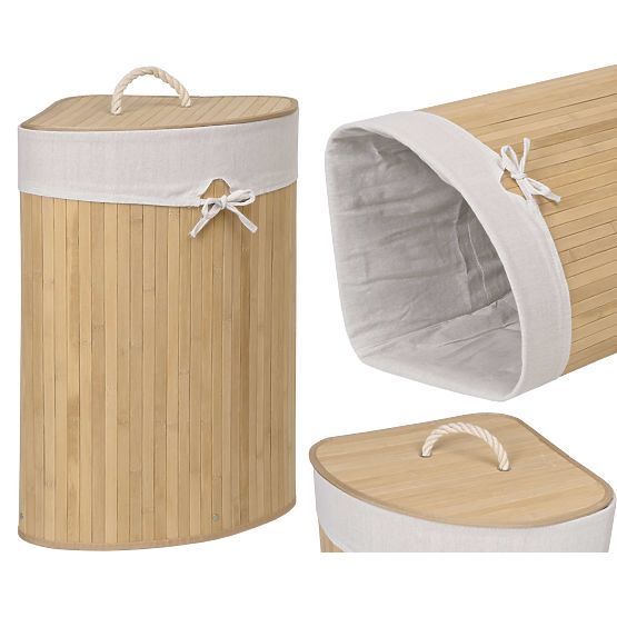 Bambusova kutna košara za rublje s poklopcem natural 60L