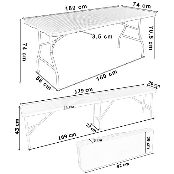 Catering set Ratan smeđi stol 180 cm + 2 klupe
