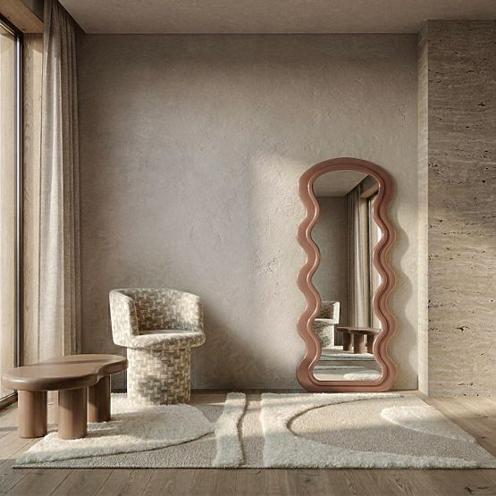 Dekorativno viseće ogledalo u drvenom okviru Vale 177x75 cm, valovito, organski oblik, mocha mo