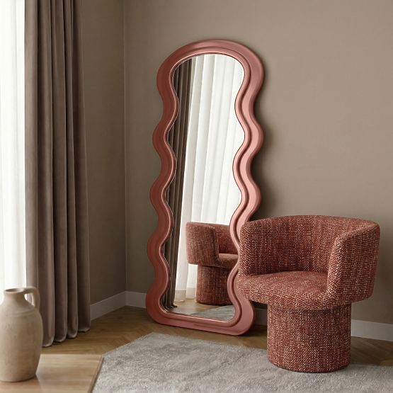 Dekorativno viseće ogledalo u drvenom okviru Vale 177x75 cm, valovito, organski oblik, mocha mo