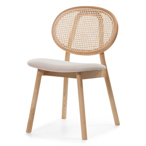 Drvena stolica Monet s bečkim pletivom, ratan, velur, prirodna/svijetlosmeđa