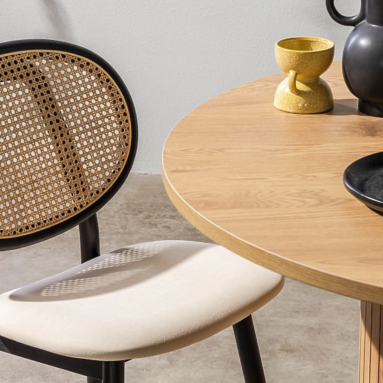 Drvena stolica Monet s bečkom pletenicom, ratan, baršun, crna/bež