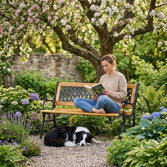 Drvena vrtna klupa 126x51 cm s rešetkastim naslonom i lijevanim nogama park MultiGarden