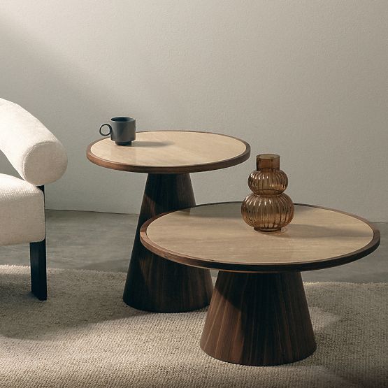 Konferencijski stolić Kyoto 80 cm, okrugli, travertin/orah