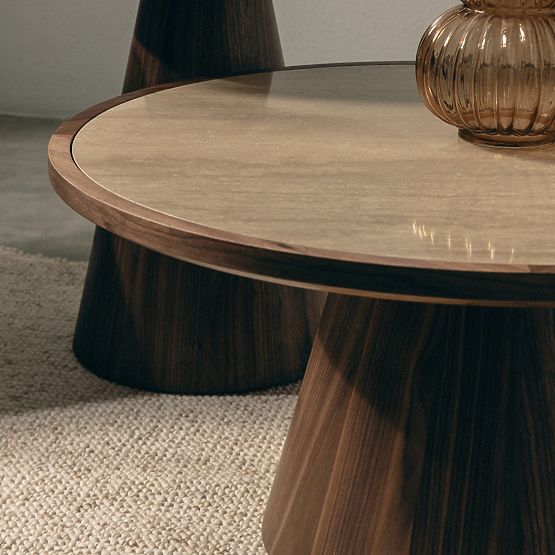 Konferencijski stolić Kyoto 80 cm, okrugli, travertin/orah