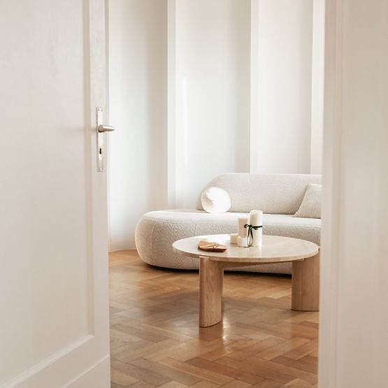 Konferencijski stolić Medley 90 cm, okrugli, travertin/jasen