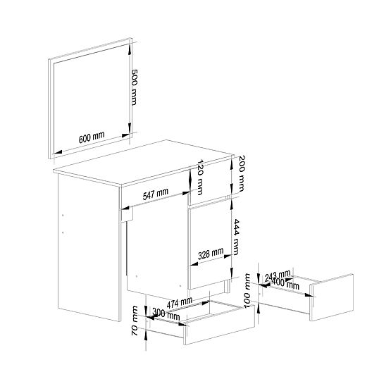 KOZMETIČKI TOALETNI STOL S OGLEDALOM P-2/SL 500x600 DESNI PK BIJELI