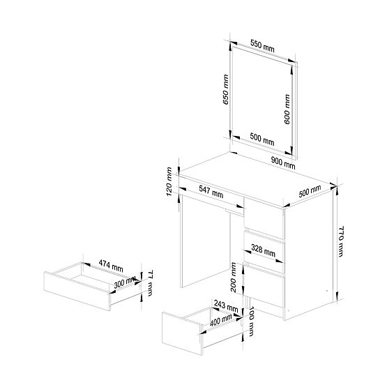 KOZMETIČKI TOALETNI STOL S OGLEDALOM T-6/SL 500x600 DESNI BIJELI