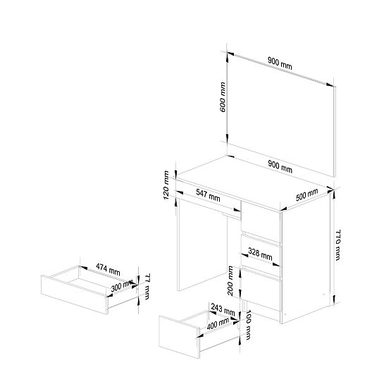 KOZMETIČKI TOALETNI STOL S OGLEDALOM T-6/SL 900x600 DESNI PK BIJELI