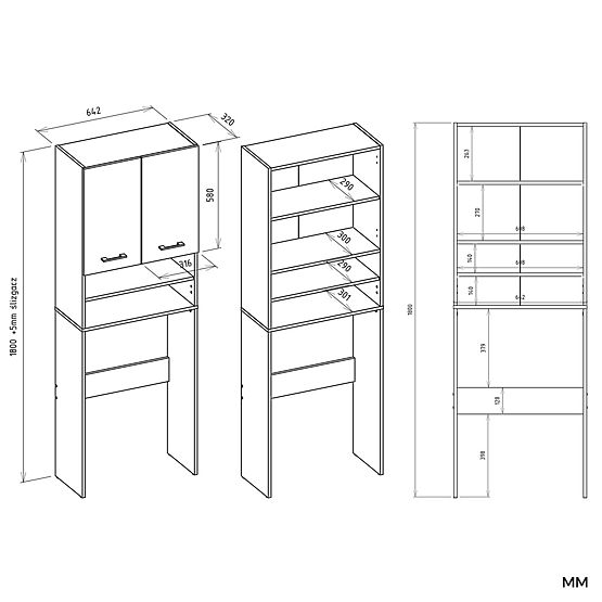 Kupaonski Ormar iznad Perilice POLA DK ANTRACIT BIJELA Regal Stup 180X64X30