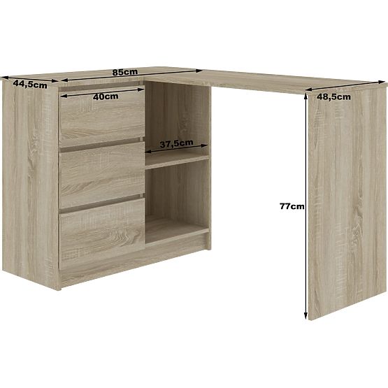 KUTNI PISAĆI STOL B16 124 cm LIJEVI 3 LADICE HRAST SONOMA / BIJELA