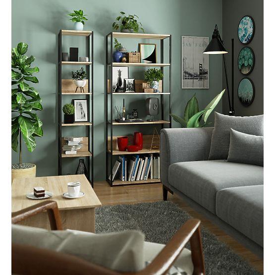 Metalna loft polica 80 cm - crna-hrast sonoma - 6 polica