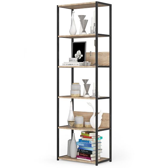 Metalni loft regal 60 cm - crna-hrast sonoma - 6 polica