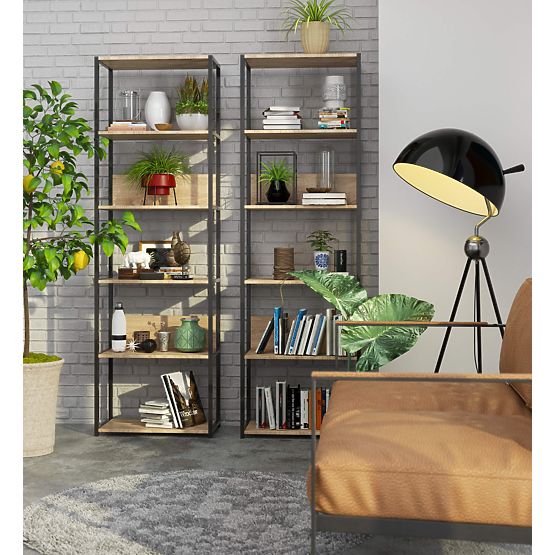 Metalni loft regal 60 cm - crna-hrast sonoma - 6 polica