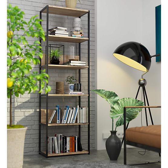 Metalni loft regal 60 cm - crna-hrast sonoma - 6 polica