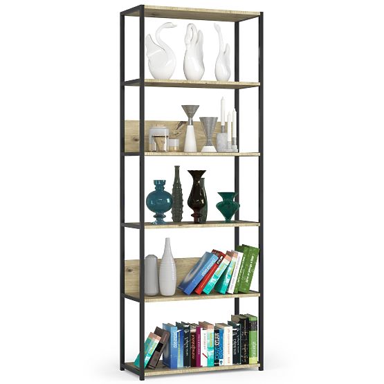 Metalni loft regal 70 cm - crni-dub artisan - 6 polica