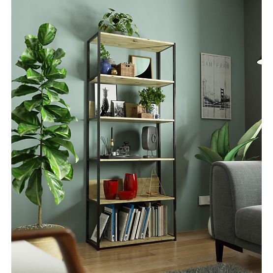 Metalni loft regal 80 cm - crna-hrast artisan - 6 polica