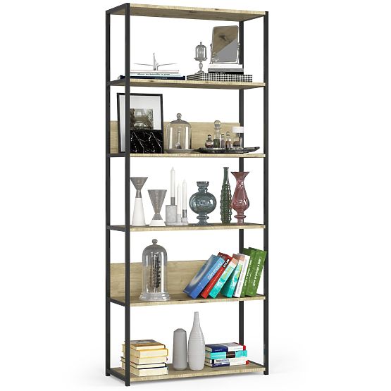 Metalni loft regal 80 cm - crna-hrast artisan - 6 polica