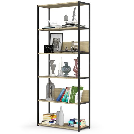 Metalni loft regal 80 cm - crna-hrast artisan - 6 polica