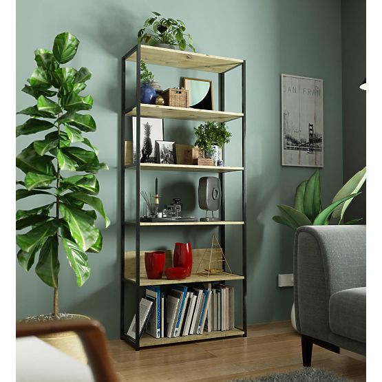 Metalni loft regal 80 cm - crna-hrast artisan - 6 polica