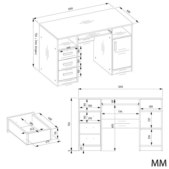 PISAĆI STOL DELTA BIJELI 120 cm 3 Ladice Ormar Polica Za Ured Soba Za Laptop