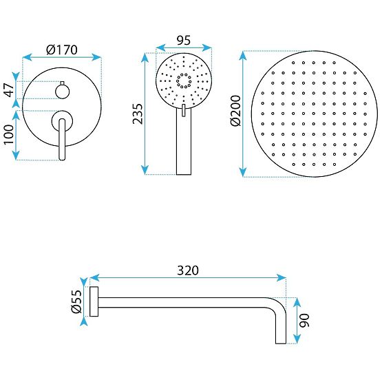 Podžbukni tuš set Rea Ontario Crna + BOX