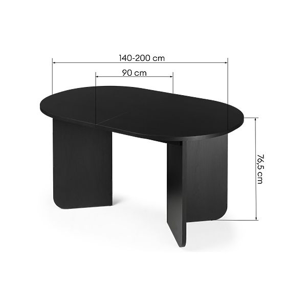 Proširivi stol Mou 140-200 cm, crni s drvenom teksturom, ovalna ploča