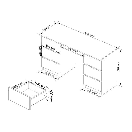 Računalni stol A-11 135 cm 6 ladica PK bijelo-grafit sivo