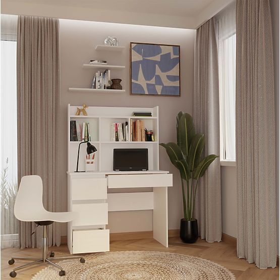 Radni stol MIJAS lijevi s nadgradnjom bijela mat 4 ladice 4 police za ured ili sobu