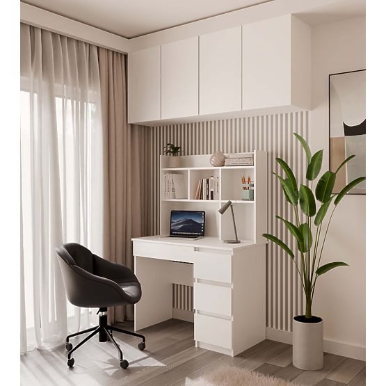 Radni stol MIJAS lijevi s nadgradnjom bijela mat 4 ladice 4 police za ured ili sobu