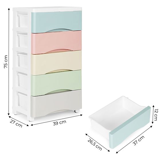 Regal s 5 izvlačivim ladicama, noge s kotačićima, šarene ladice ModernHome